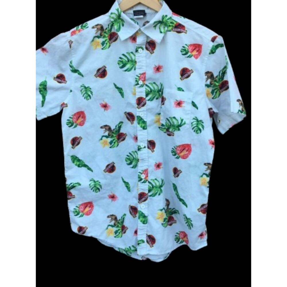 Jurassic World Hawaiian Camp Shirt Mens Med White All Over Jurassic Park Print